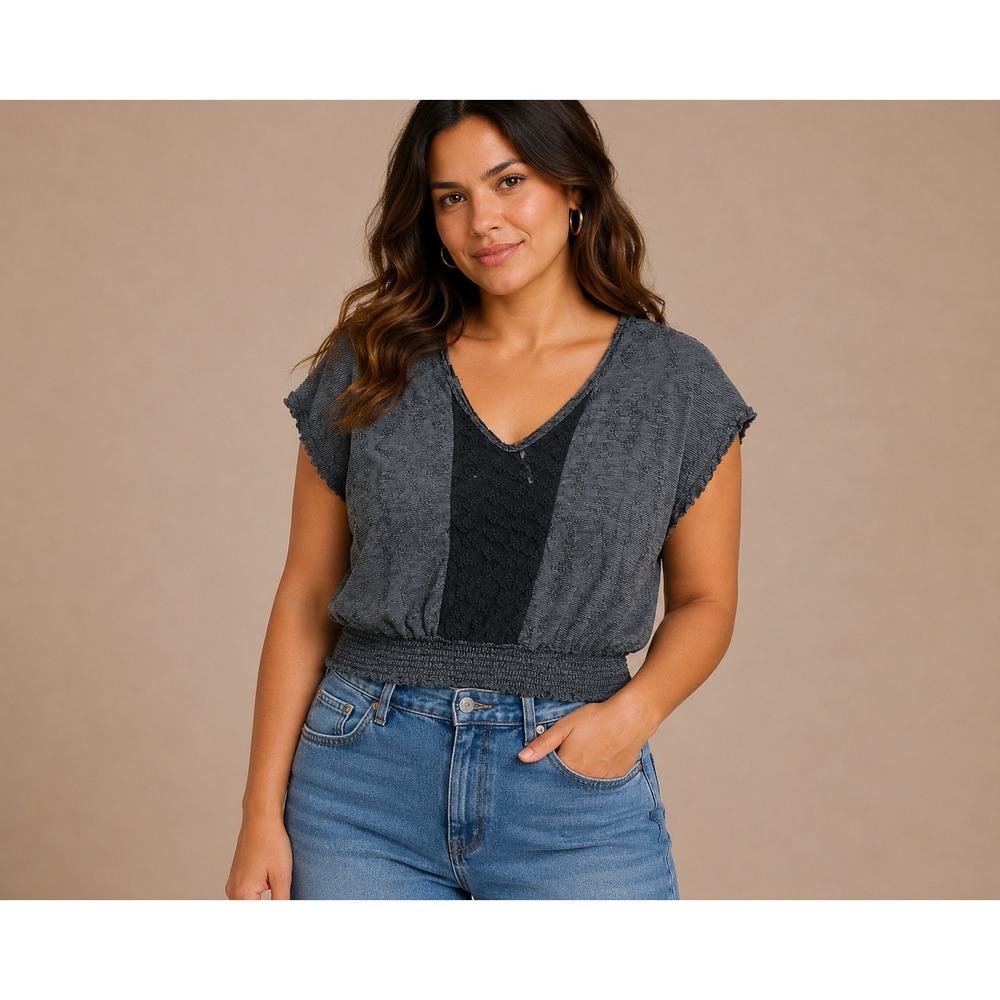 Free People Grey Floral‎ Knit Black Lace V-Neck Smocked Waist Blouse Small